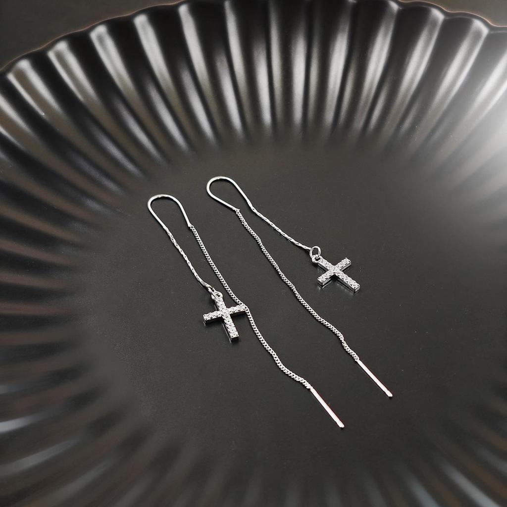 Elegant Korean-Style Long Tassel Cross Earrings with Inlaid Diamonds for Women