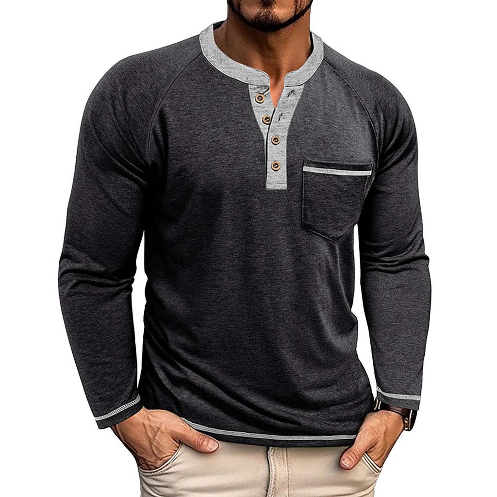 Men's Button Lapel Colored Cotton Long Sleeved Base Men's Top