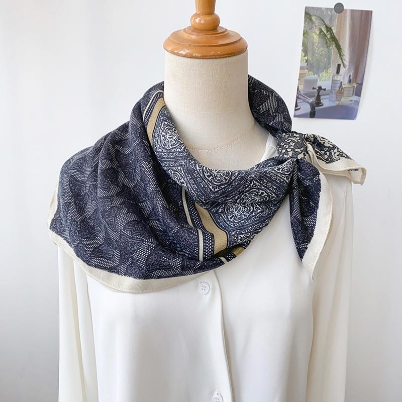 Women S Gray Blue Vintage Small Square Scarf For Neck Protection Decoration