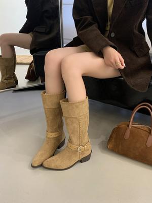 Retro Stacking Boots 2025 Autumn and Winter New Thick Heel Buckle Western Cowboy British Style Knight Boots Casual Mid Boots