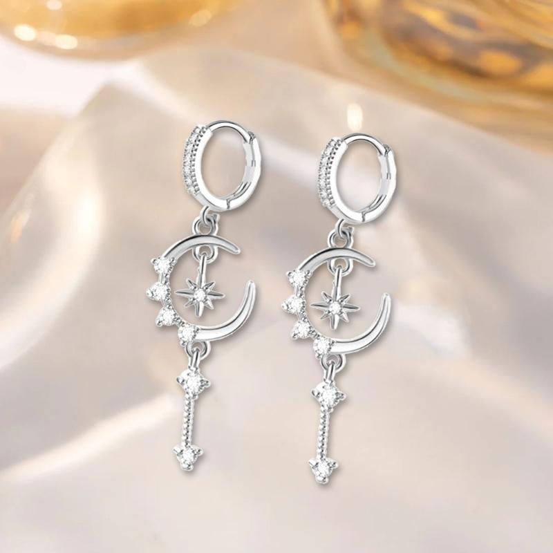 Twinkling Star Moon Floral Ear Studs With Micro Paved Zircon Accents And Lightweight Copper Construction