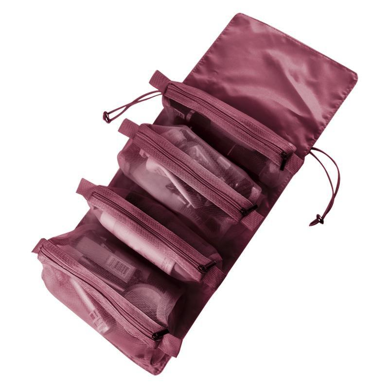 

Съемная нейлоновая косметичка Большой емкости «четыре в одном» Портативная складная дорожная косметичка Кисти для макияжа Органайзер для хранения губной помады Косметичка вино красного