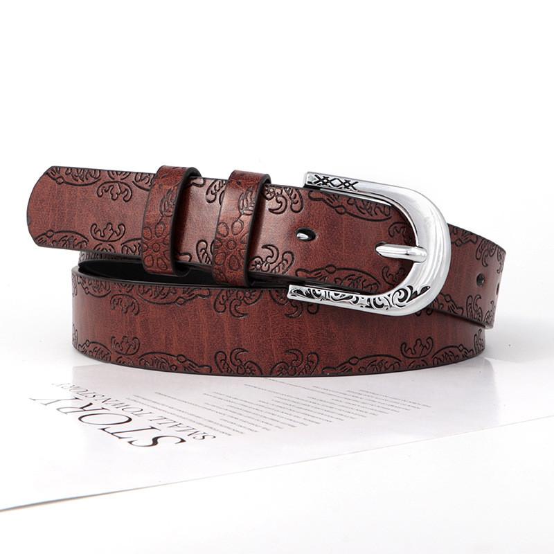 Leather Inspired Boho Belt With Embossed Design And Silver Buckle For Womens
