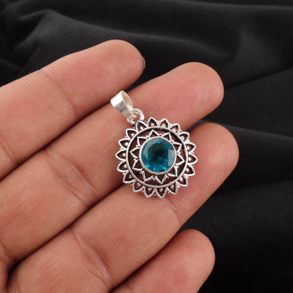 Blue Apatite Gemstone 925 Sterling Silver Handmade Small Pendant  1.14" For Gift CP-30-1
