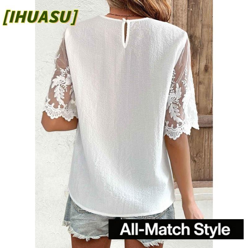 IHUASU Women's Fashion Casual Solid Color Print O-Neck Short Sleeve Blouses & Shirts