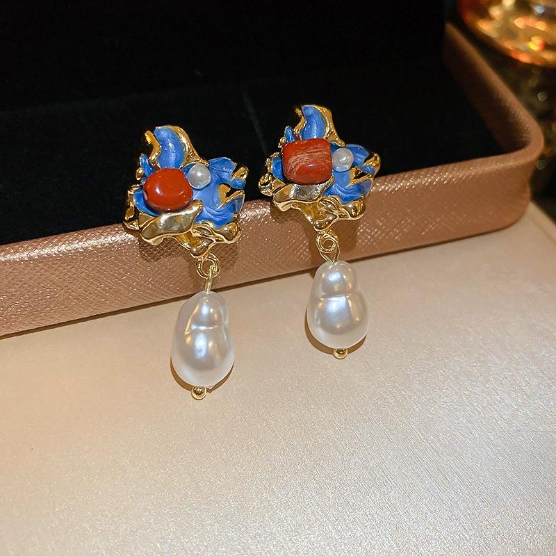 Imitation Pearl Stud Earrings for Women Oil-dripping Flower Drop Earring Vintage Rhinestones Jewelry Accessory