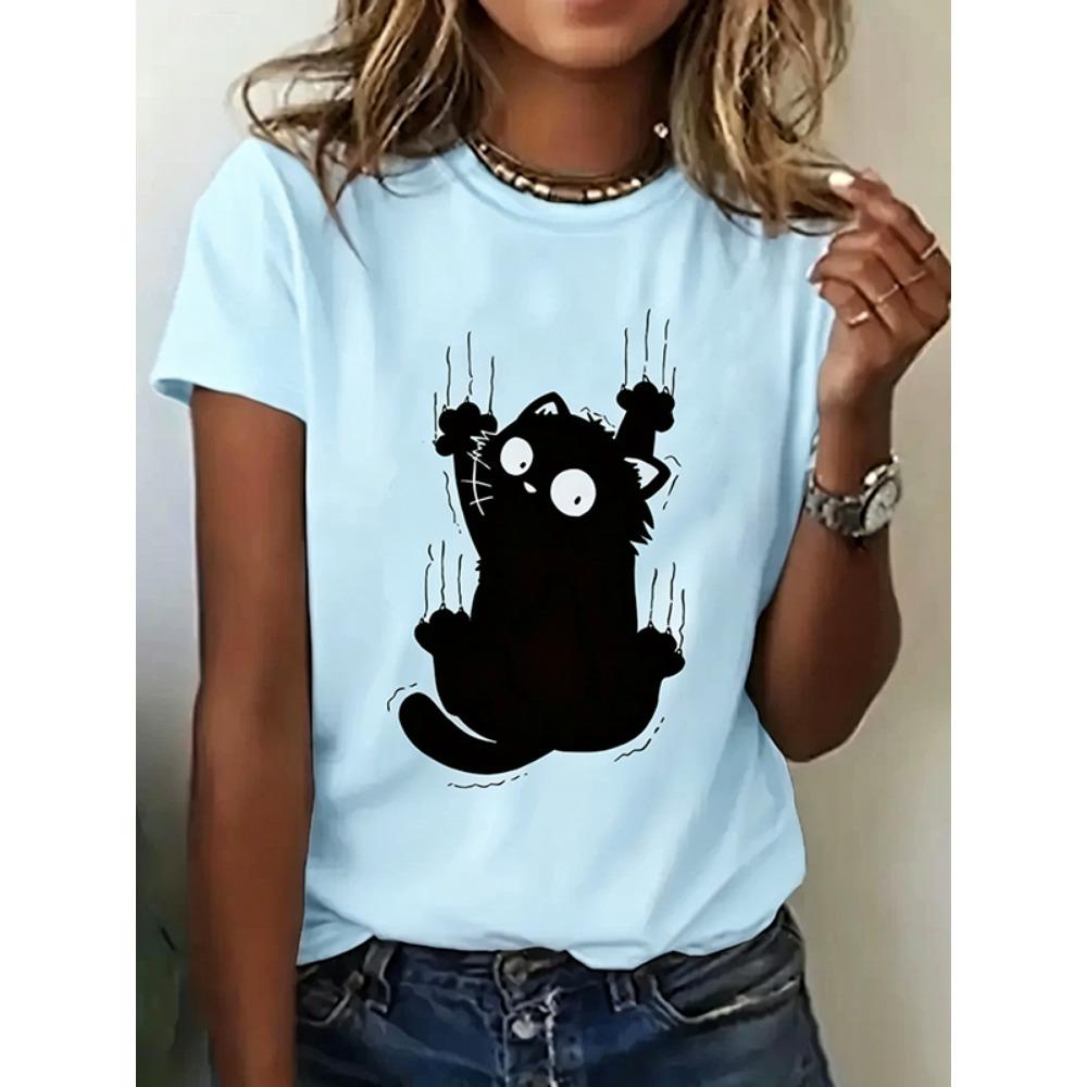 Girl Fun Climbing Cute Cat Pattern Printed T-shirt