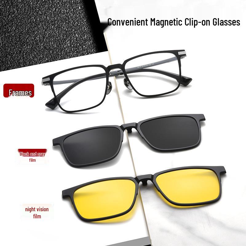 TR Square Magnetic Clip-on Glasses 3-in-1 Polarized, Night Vision, Rx-Compatible for Driving & Fishing 9017