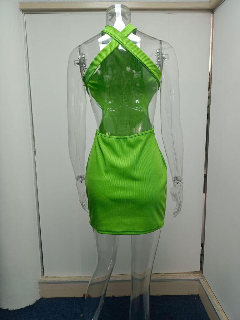 Άνοιξη/Καλοκαίρι Φθινόπωρο/Χειμώνας Νέο γυναικείο σέξι φόρεμα με ψηλό λαιμό με κούφιο στήθος με ανοιχτή πλάτη Τσάντα στη μέση