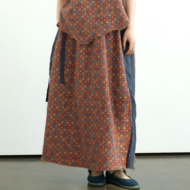 Johnature Women Vintage Print Floral Skirts Elastic Waist Cotton Soft Cloths Summer Loose Patchwork Color Skirts