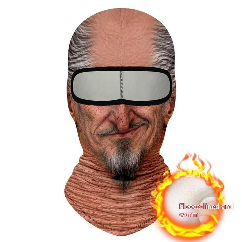 Maschera Facciale Traspirante a Copertura Totale con Stampa 3D di Vecchio, Fori per gli Occhi Bianchi, Baffi Bianchi, Maschera da Sci Elastica con Cappuccio