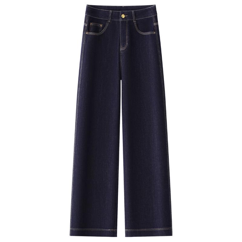 Premium Women's Dark Blue Denim Jeans - 2025 Petite Nine-Point Straight Leg with Velvet, Thick Wide Leg for Autumn/Winter.