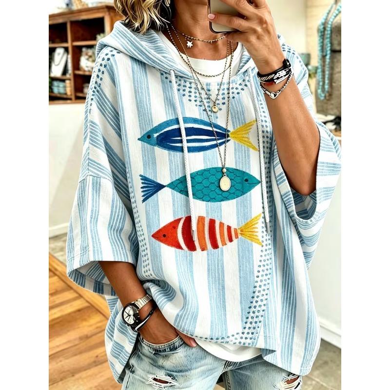Damen Kapuzenpullover mit Dreiviertelärm, locker, Retro-Blumenmuster, lässiges Urlaubs-Top