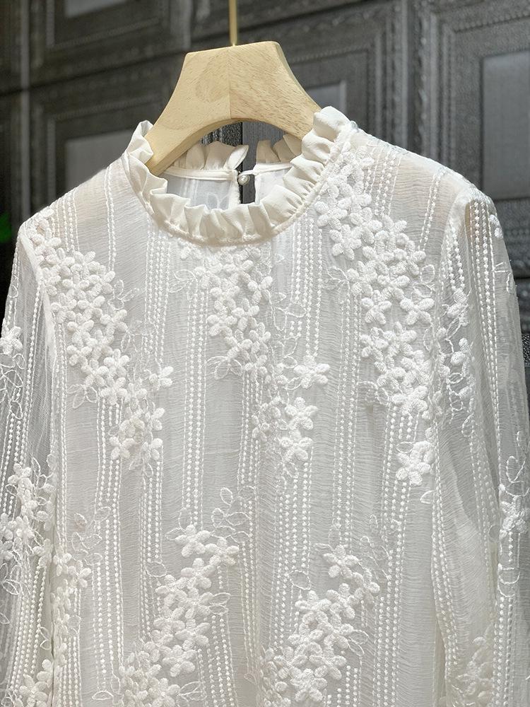 Stylish Double-Layer Embroidered Faux Silk Women's Blouse with Ruffle Trim - Q Goods!