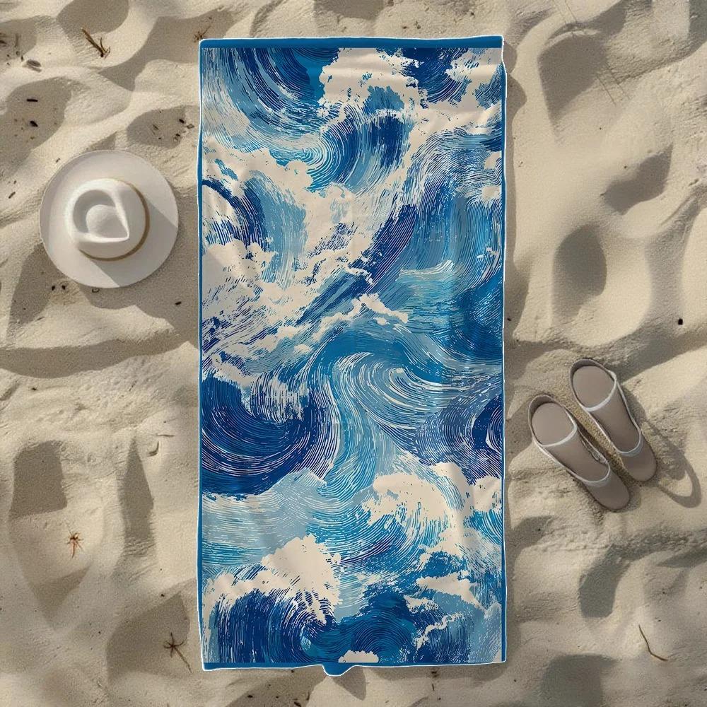 Hand Drawn Blue White Wave Art Beach Blanket Soft Large Blanket For Beach Pool Summer Travel