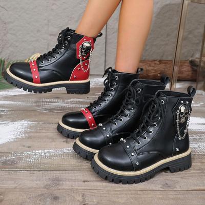 Bottines à plateforme style coréen pour femmes, bottes de combat punk à lacets cloutées, bottes Martin à détail de boucle pour femmes