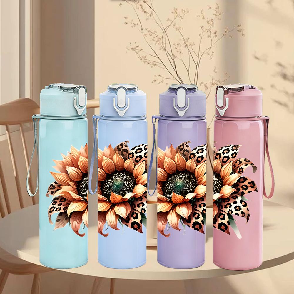 1PC Leopard Sunflower Bloom Graphic,750ml Color Plastic Sports Water Bottle,Leakproof Flip Straw Lid,Suitable for Sports Office Home Use