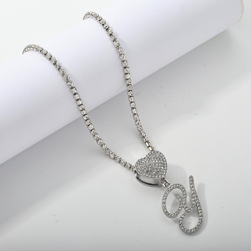 26 Flower Letter Necklace: Hip Hop Heart Pendant with Full Diamond Inlaid Tennis Chain for Women