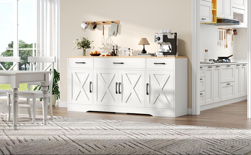 Modernes weißes Sideboard, Multifunktionaler Holzschrank, Wohn- und Esszimmerschrank, Weißes Sideboard mit Dekoration