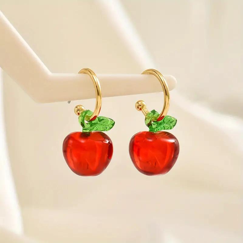 Sweet Cute Red Apple Shaped Earrings For Women Full Rhinestone Strawberry Rose Flower Green Leaf Earring Wedding Party Jewelry