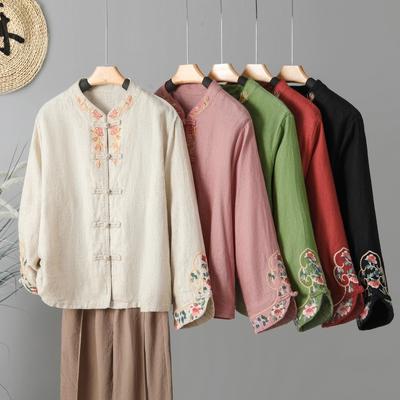 Spring and Autumn Retro Ethnic Style Cotton and Linen Heavy Industry Embroidery Single-row Disc Buckle Solid Color Small Shirt Top Women