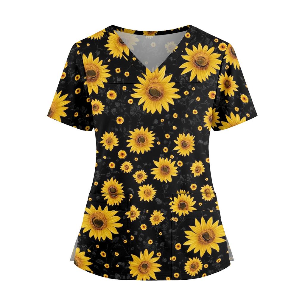 Women Floral Print V Neck Scrub Top with Pockets Side Slits Short Sleeve Medical Uniform Shirt for Healthcare Professionals