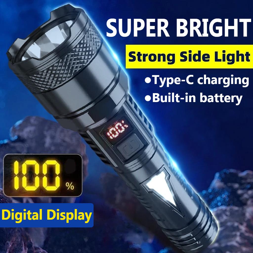 Upgraded Super Bright Flashlight USB Rechargeable with Side Lamp Built-in Battery Torch for Outdoor Emergency Camping Use