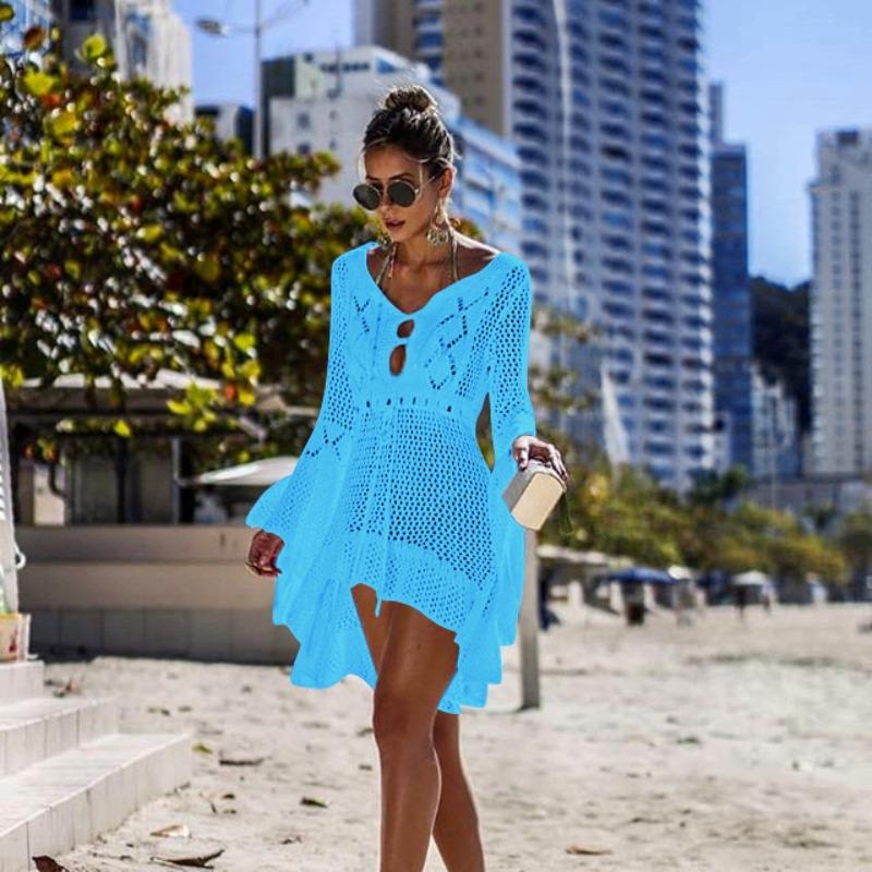 Women's Hollow Out Sun Shirt Flared Sleeve Beach Cover Up Bikini Outer Shirt Knitwear