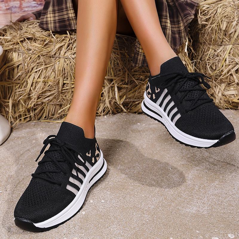 Fashion 2025 Hollow Out Breathable Sneakers Women Plus Size Printed Thick Sole Walking Shoes Woman Comfortable Knitted Flats Female