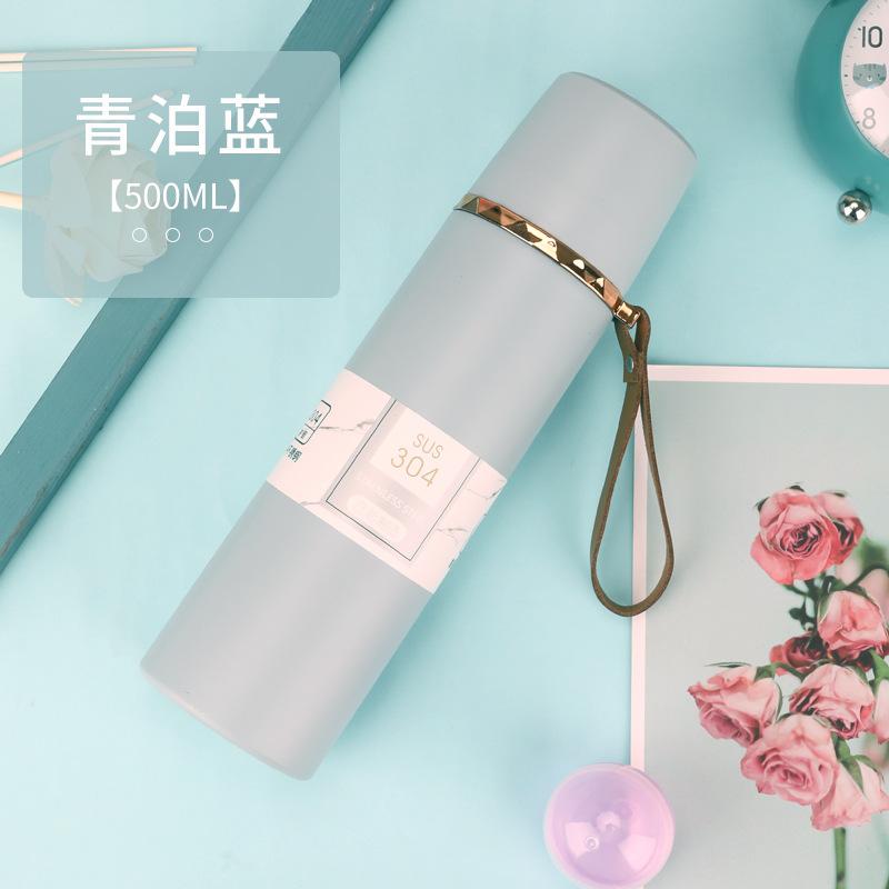 350/500ml 304 Stainless Steel Insulated Water Bottle with Leather Strap, Portable Vacuum Thermos for Daily Office Use