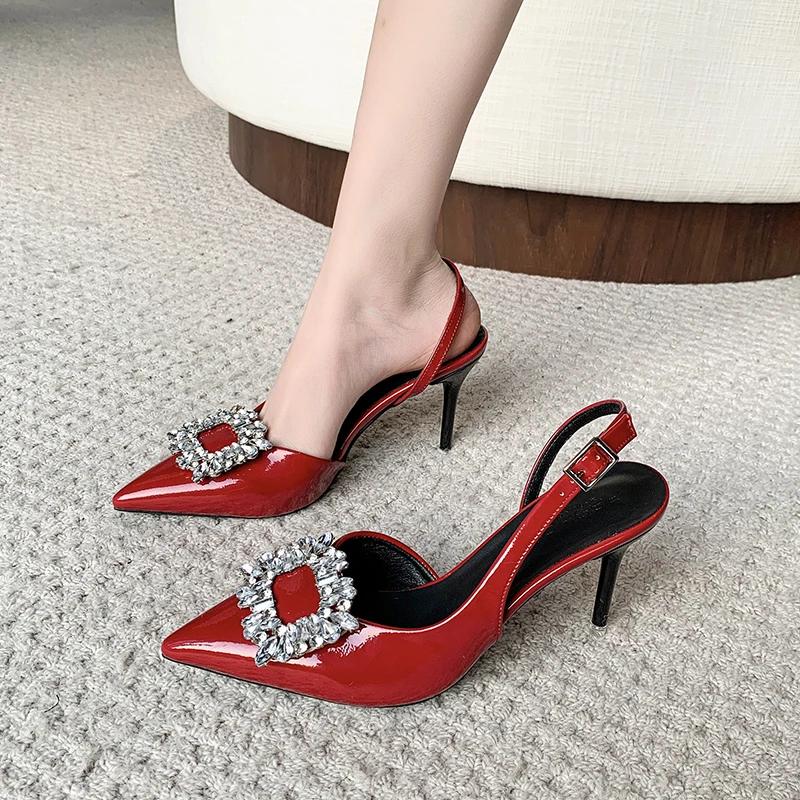 

Women s Sandals 2025 Summer New Luxury Shiny Rhinrhinese Embellished Pointy Comfortable Non-slip Stiletto Heels for Women 41 червоний
