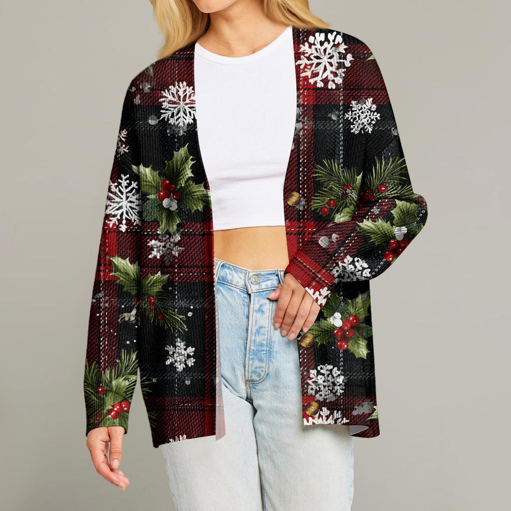 Women's Fashion Long Sleeve Print V-Neck Button Loose Cardigan Top