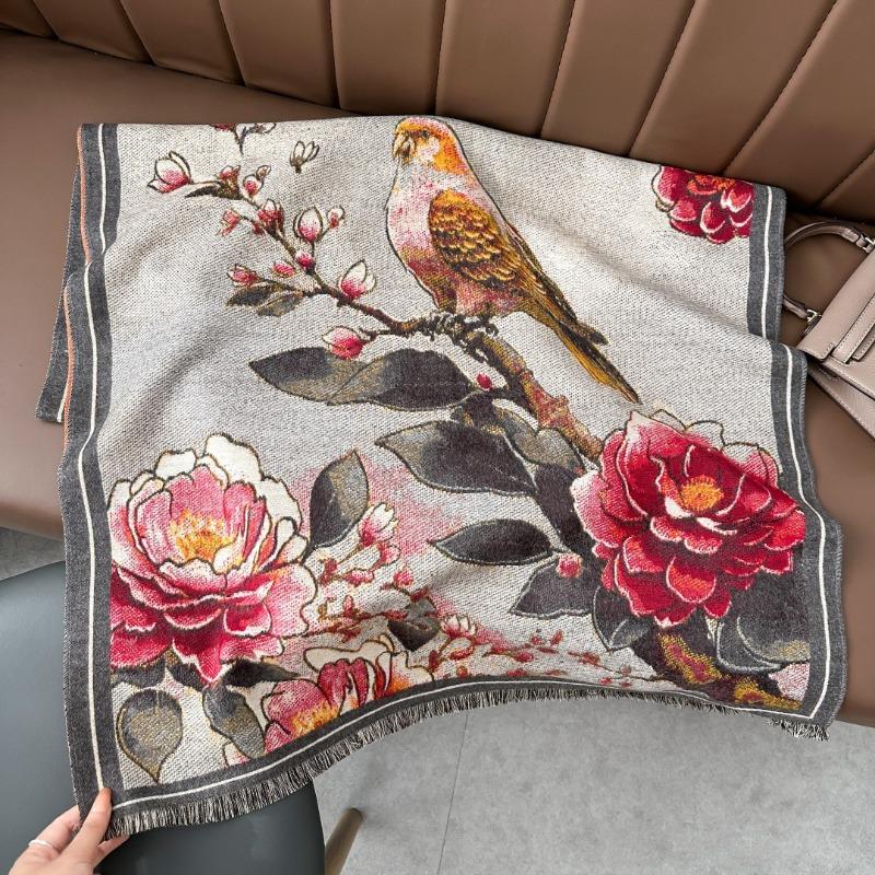Retro bird flower shawl women's autumn and winter travel versatile multi-functional warm scarf double-sided scarf
