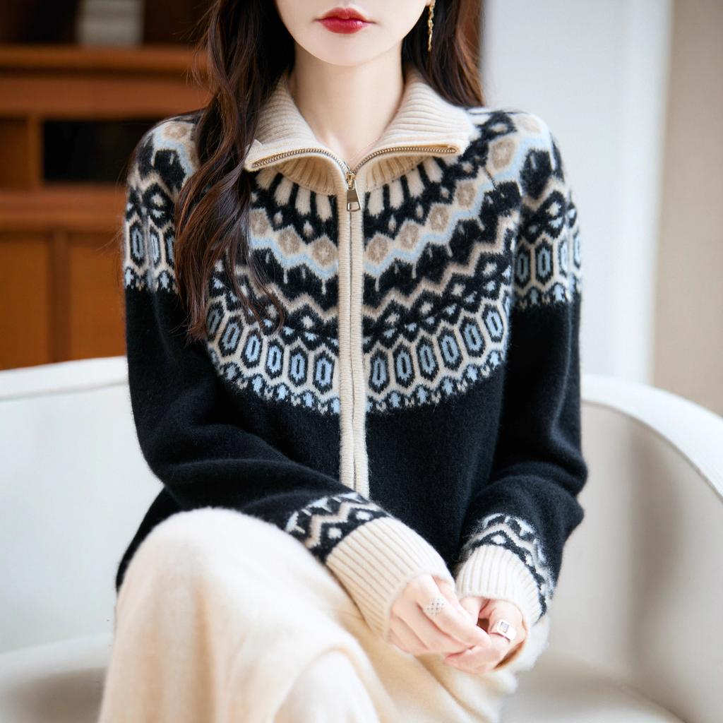 Retro Double Zipper Thick Floral Blouse for Winter, A Warm Sweater Coat for Women