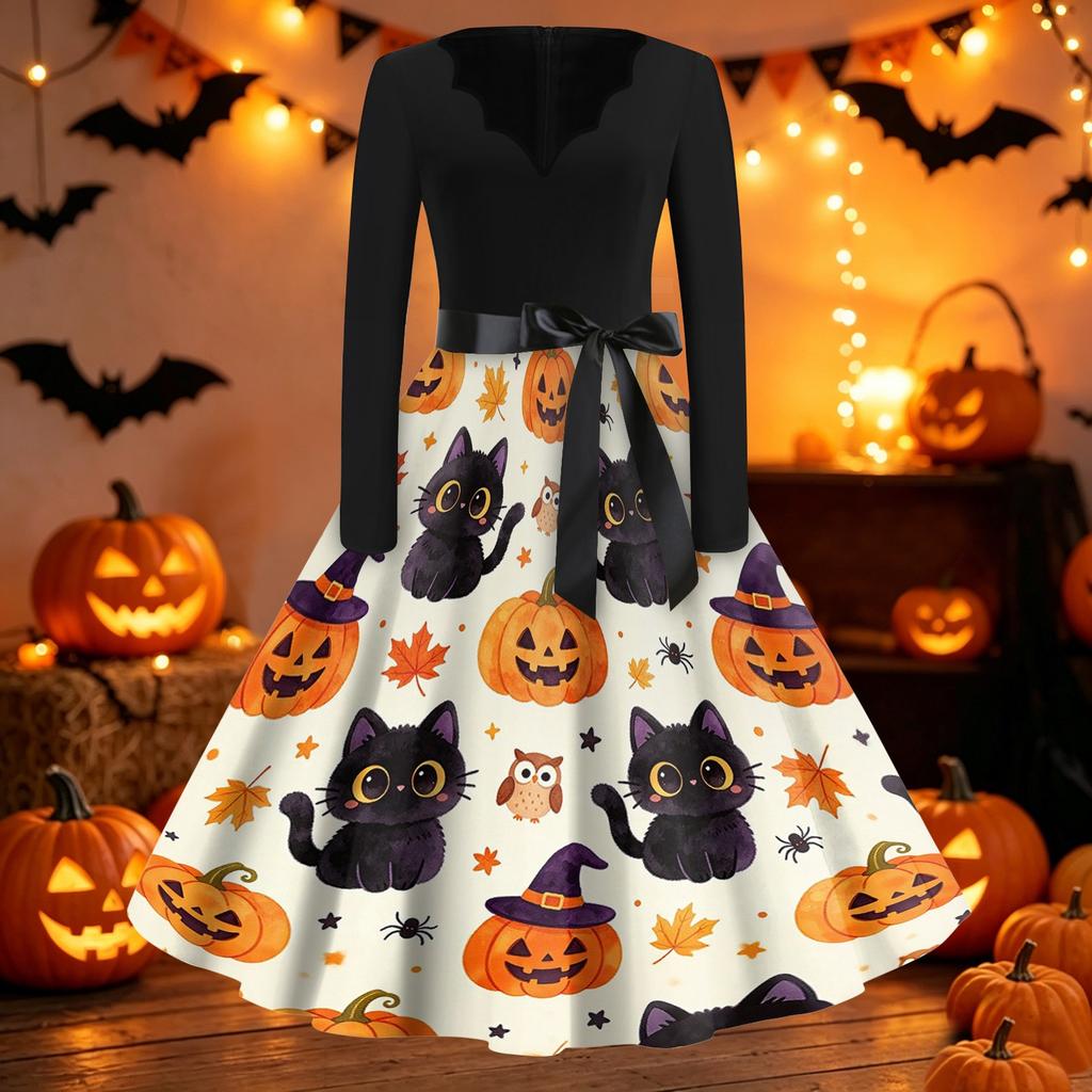Womens Casual Halloween Print V Neck Vintage Dress Long Sleeve Fit Flare Midi Dress with Waist Tie Retro Style