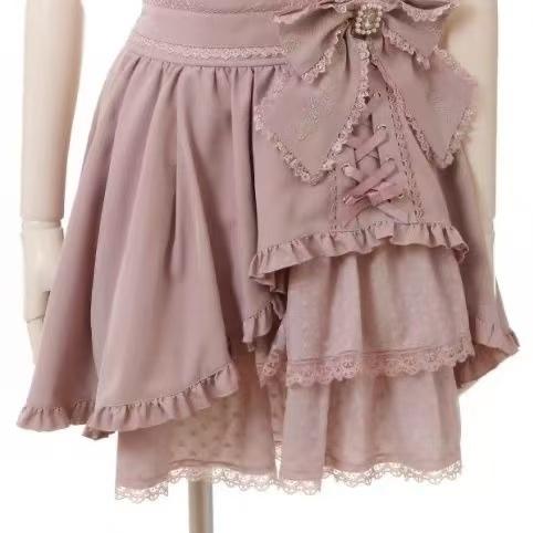 Japanese Sweet Lolita Style Mini Skirt Women Elegant Lace Bandage Party Cake Skirts Female Gothic Y2k Metal Buckle Skirt