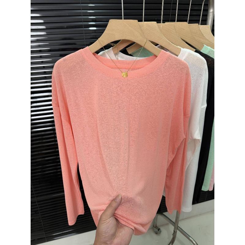 New Ice Silk Cool Tulle Long-sleeved Sunscreen Blouse Women's Fashion Versatile Breathable Solid Color T-shirt Top Summer