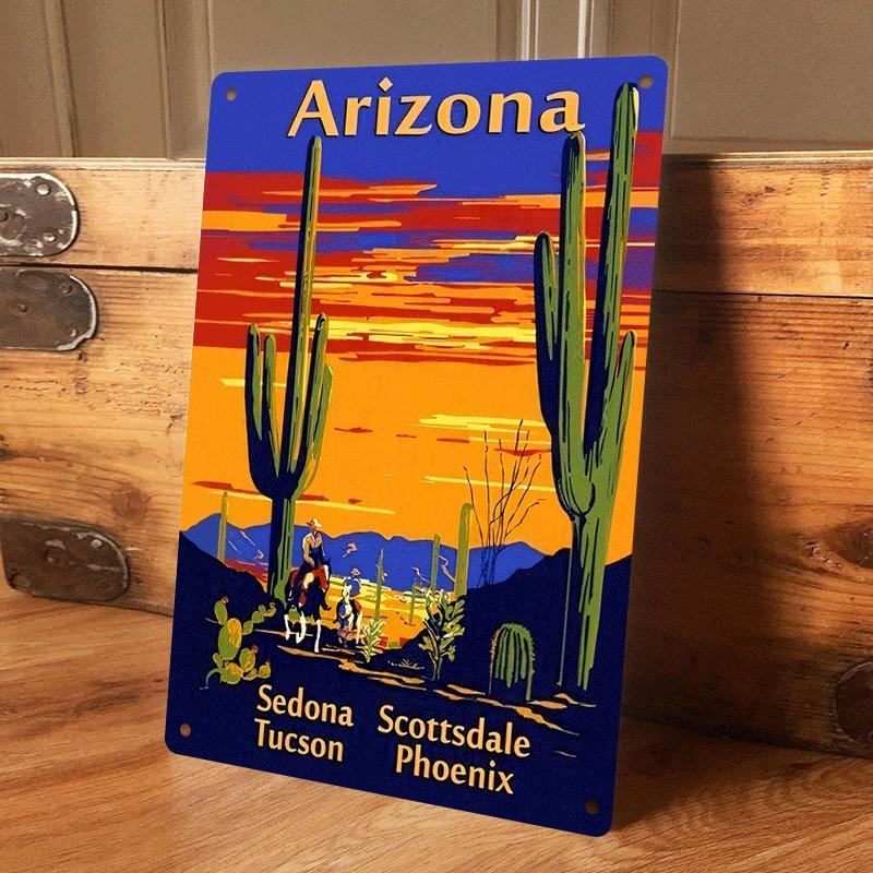 

1 piece of American retro Arizona tinplate painting, desert sunset cactus Western style bar living room wall decoration, home de (as the picture,20x30cm)