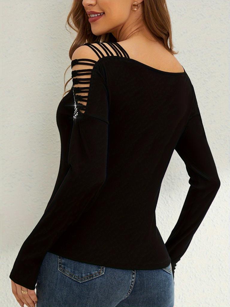 2025 New Stylish Floral Patchwork Studded V-neck Long Sleeve T-shirt Women's Top