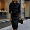 Women's Satin Cowl Neck Long Sleeve Top and Midi Skirt Set Solid Color Elegant Outfit
