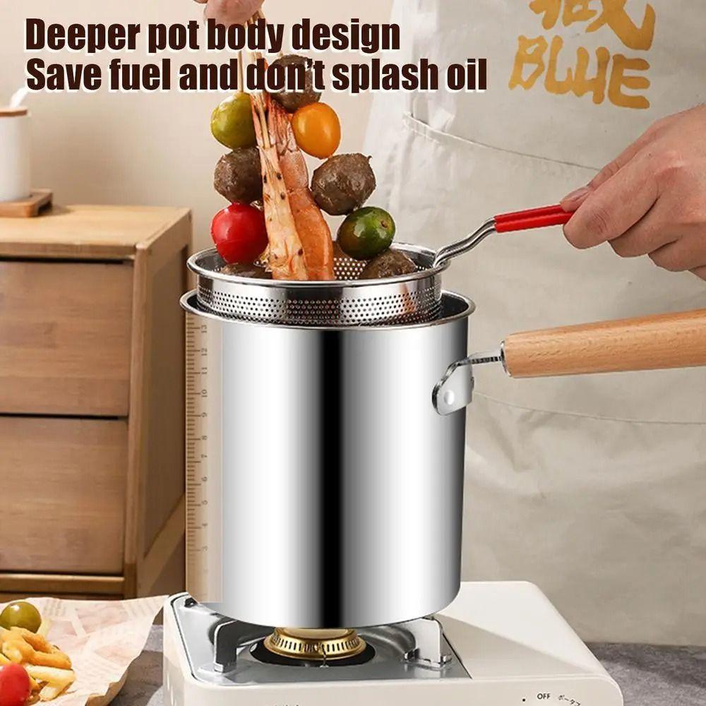 Strainer Basket Deep Fryer Pot Wood Handle Stainless Steel Frying Pan  Home Restaurant