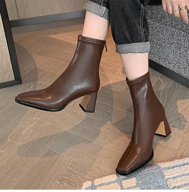 

Модная женская обувь 2024 года, высококачественные женские ботинки с молнией сзади, модные туфли с квадратным носком для офиса и карьеры, распродажа, женские ботинки на каблуках Zapatos 40 коричневый
