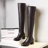 2025 Pure Color Elastic Pu Knee Boots Plus Size Round Toe Thick Heel Side Zipper Warm Inner Sleeve Slip On Long Women's Boots