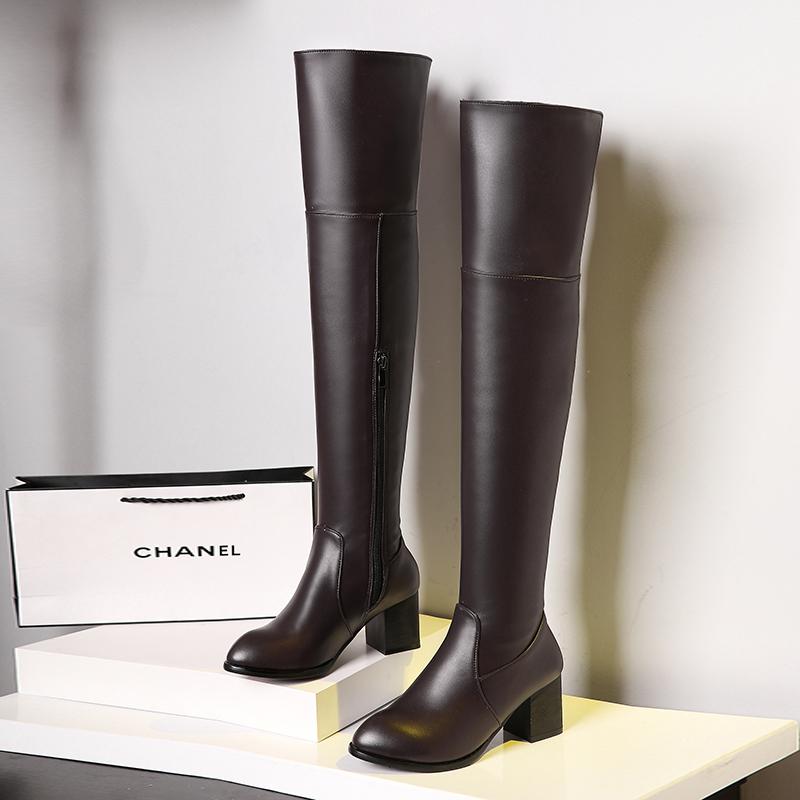 2025 Pure Color Elastic Pu Knee Boots Plus Size Round Toe Thick Heel Side Zipper Warm Inner Sleeve Slip On Long Women's Boots