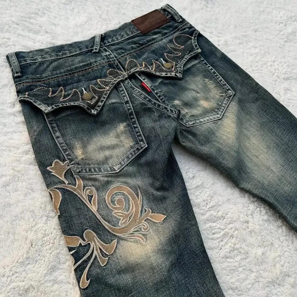 FlowStreet Y2K Nuovo Retro Americano Motivo Ricamato Donna Forma a Corno Jeans Moda di Strada Gotico Slim Pantaloni a Straccio Jeans Donna