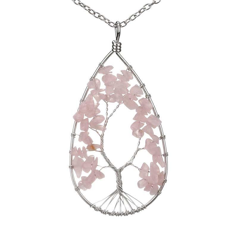 Silver Tree of Life Necklace with Seven-Color Natural Stone and Crystal Water Drop Pendant