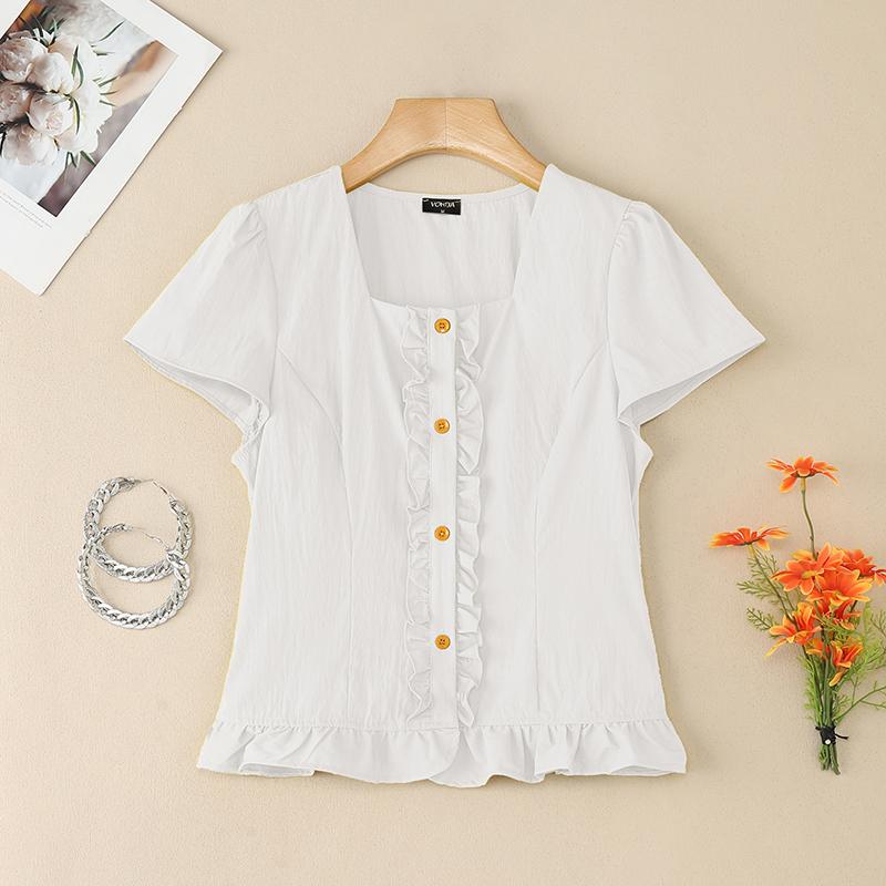 

VONDA Women Square Neck Short Sleeve Ruffled Solid Color Casual Cropped Blouse Tops 4XL белый