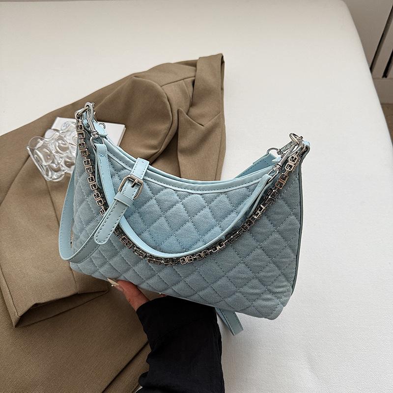 Denim Underarm Bag Women's 2025 New Trend Rhombus Embroidery Thread Chain Single Shoulder Oblique Span Bag Commuter Bag