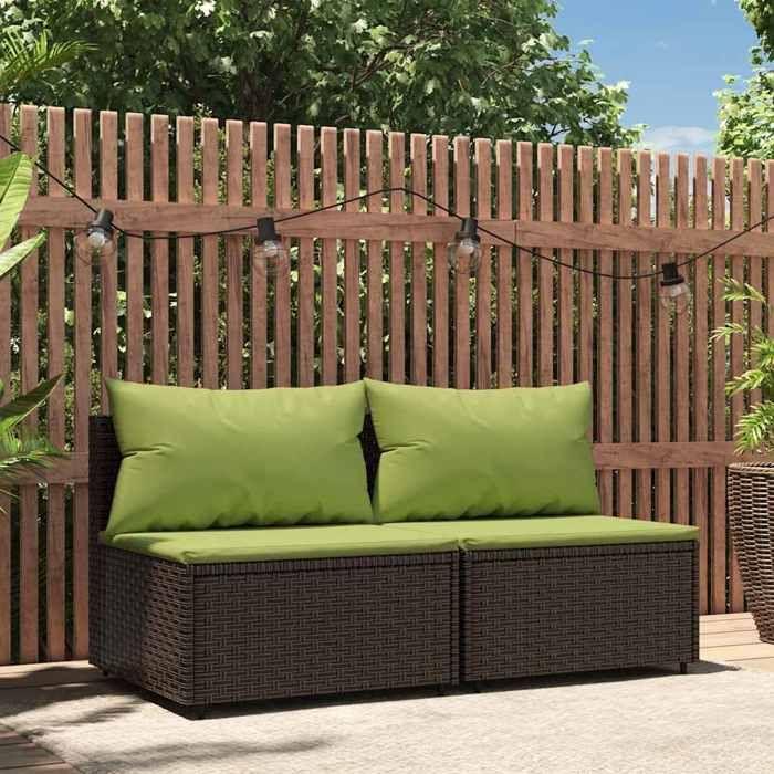 VidaXL Canapés centraux de jardin coussins 2pcs marron résine tressée, canapé, canapé de jardin, canapé central sectionnel, 319834
