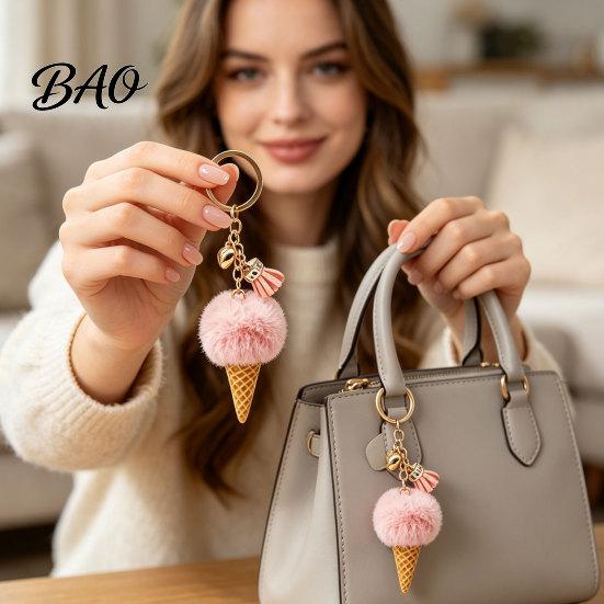 Decorative Key Chain Plush Ice Cream Keychain for Backpacks, Fluffy Cone Bag Charm Charm, Pendant with Metal Ring Purse Hanging Ornament